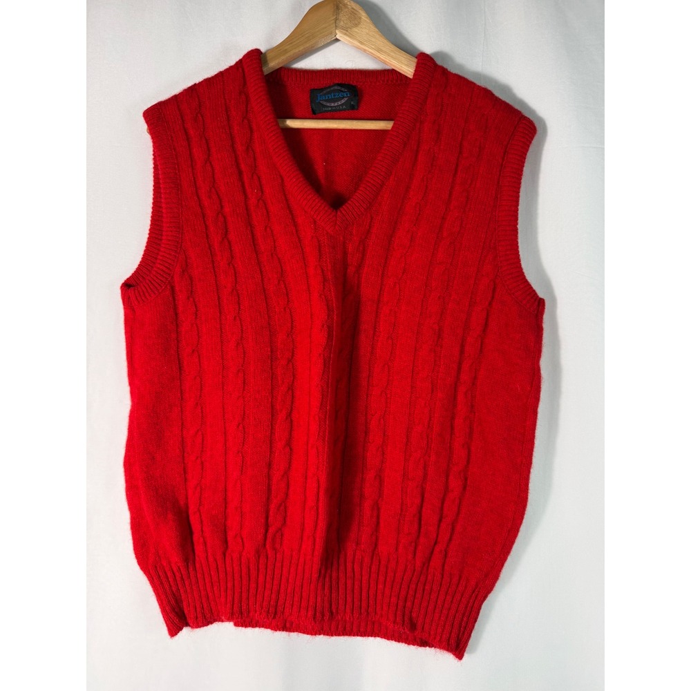 Vintage Jantzen Red Cable Knit Sweater Vest Mens XL V-Neck Made in USA
